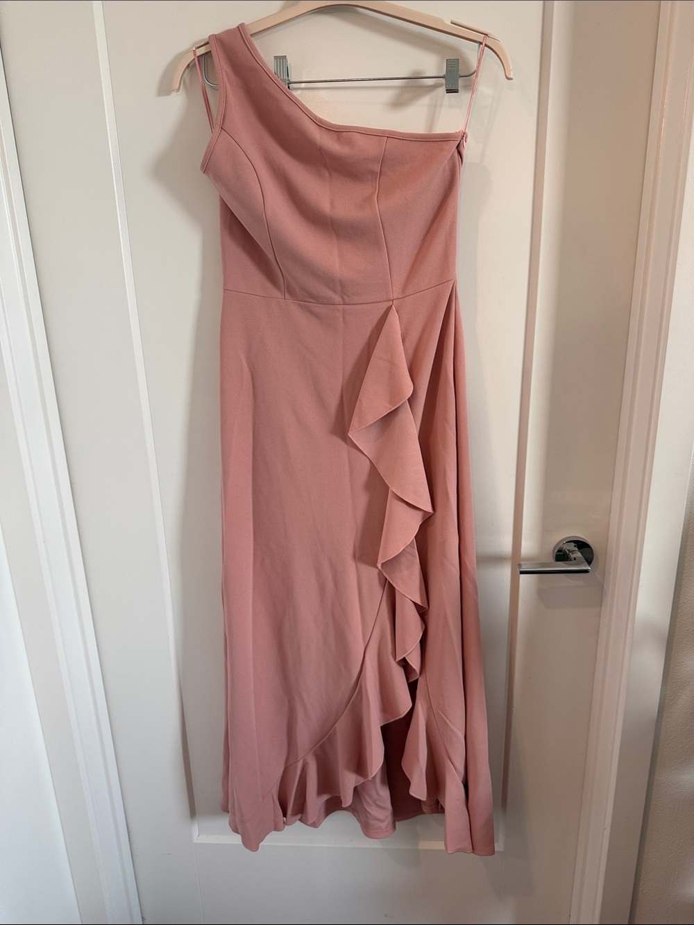 One-Shoulder Dusty Rose Ruffle Midi Dress
